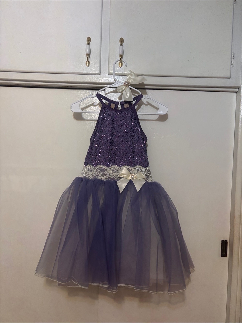 Weissman Purple Sequin Tulle Halter Dress with Ivory Lace Bow